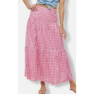 J. Crew Factory Pink White Gingham Triple Tier Maxi Skirt